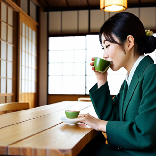 **

"A cozy, traditional Japanese cafe interior, soft natural lighting, a businesswoman in a modest business suit sits at a wooden table, sipping matcha, fully clothed, appropriate attire, safe for work, perfect anatomy, natural proportions, professional photography, high quality, family-friendly, authentic Japanese setting, well-formed hands, proper finger count, natural body proportions."

**