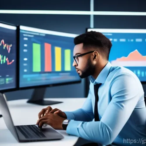 디지털 마케팅 인턴십 준비 팁 - **Dynamic Digital Trend Tracker:** A focused young professional, dressed in smart casual business at...