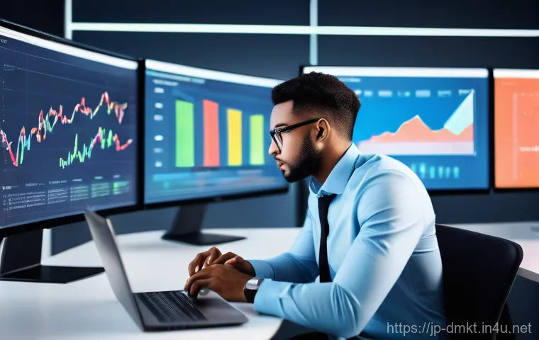 디지털 마케팅 인턴십 준비 팁 - **Dynamic Digital Trend Tracker:** A focused young professional, dressed in smart casual business at...