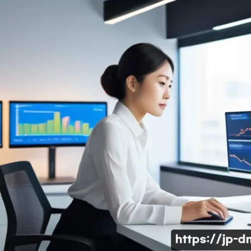 디지털 마케팅 연봉 협상 전략 - A modern Japanese office scene featuring a confident young professional woman in business attire, si...