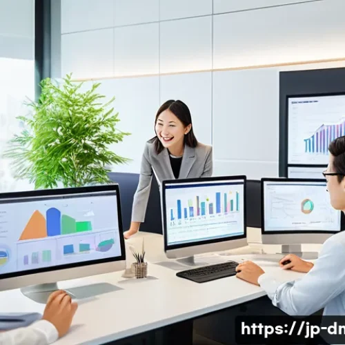 데이터 기반 디지털 마케팅 성공 팁 - A modern Japanese office setting with a diverse team collaborating on data analysis for customer und...