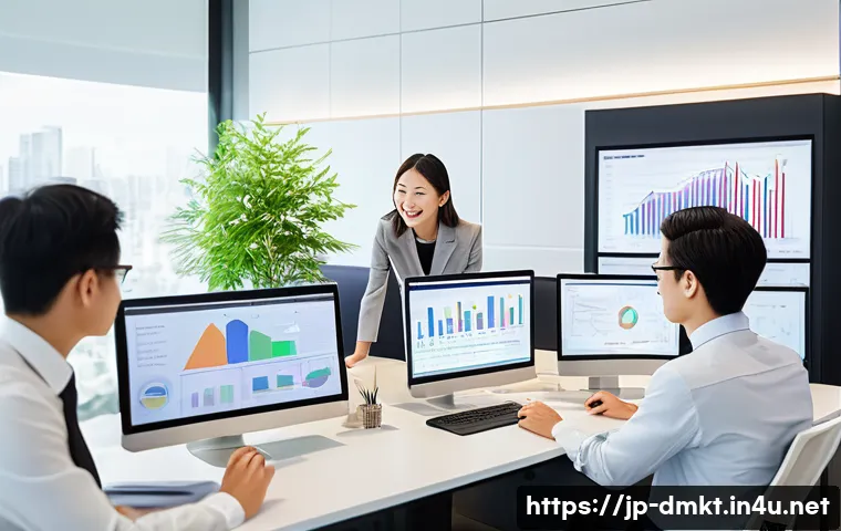 데이터 기반 디지털 마케팅 성공 팁 - A modern Japanese office setting with a diverse team collaborating on data analysis for customer und...