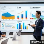 디지털 마케팅 워크숍 및 세미나 후기 - A modern digital marketing workshop scene set in a sleek, bright conference room in Japan, featuring...