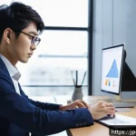 디지털 마케팅 신입사원의 업무일지 - A modern Japanese office scene showing a young professional writing a daily report on a sleek laptop...