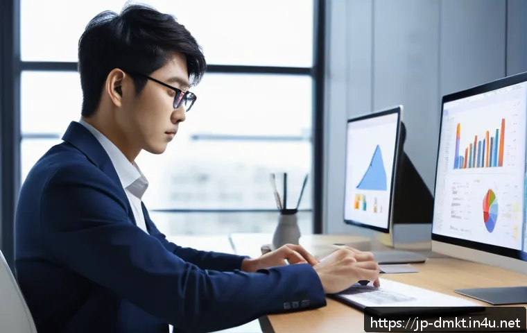 디지털 마케팅 신입사원의 업무일지 - A modern Japanese office scene showing a young professional writing a daily report on a sleek laptop...